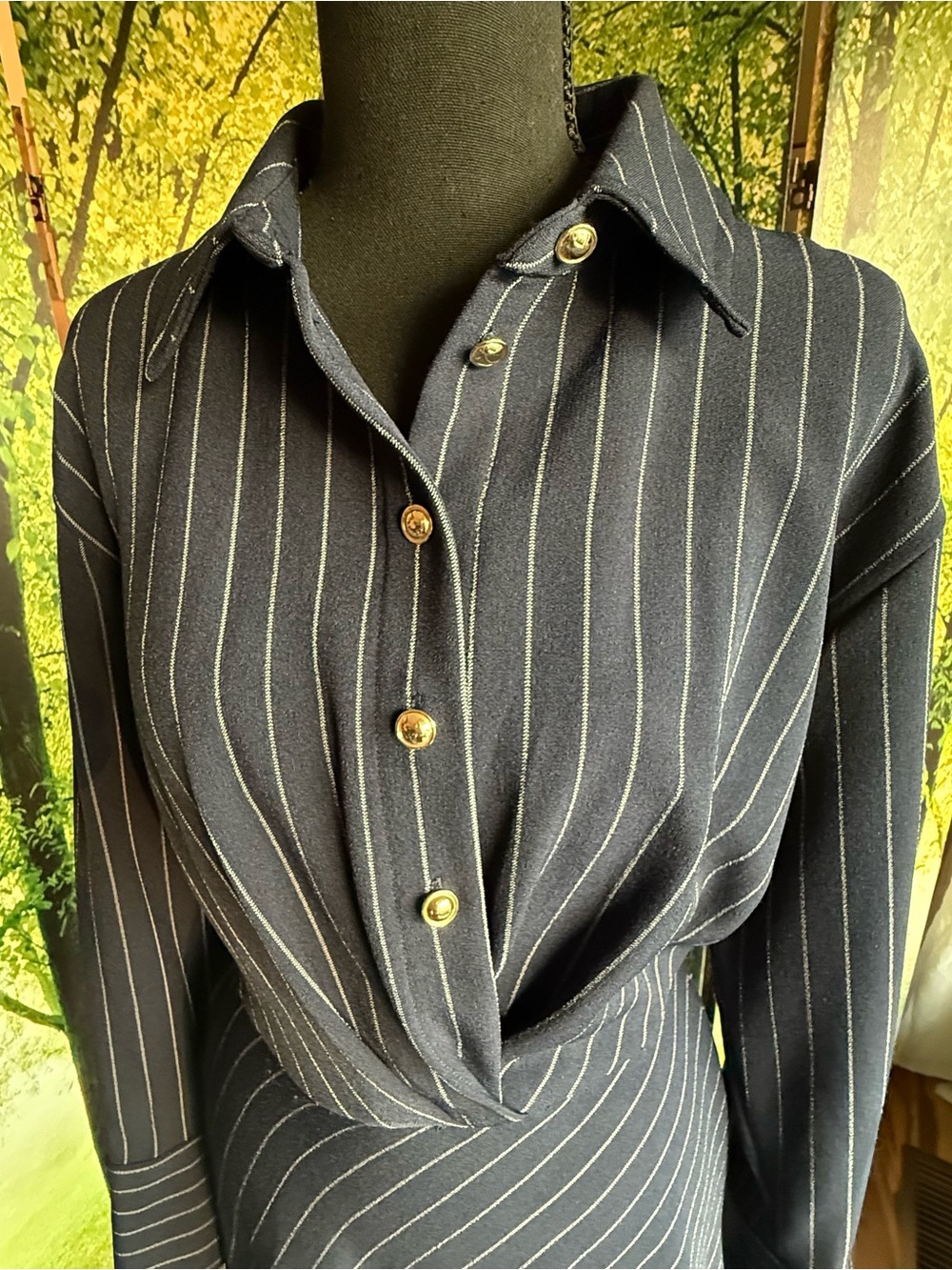 Halston Navy Pinstripe Twist Front Shirt Dress Career Office Midi Size 6 - Picture 2 of 14